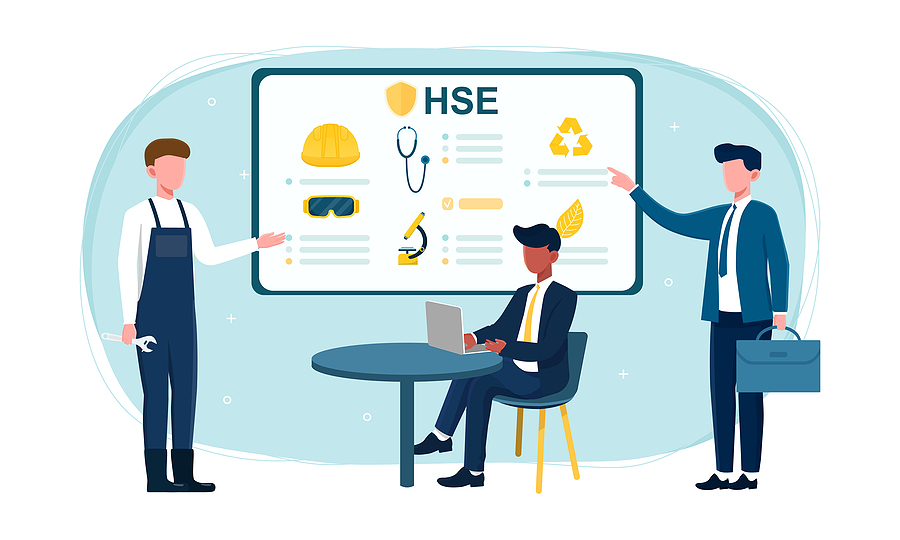 Environmental protection and health safety environment at work. HSE concept. Multiracial male characters and infographics for work. Flat cartoon vector illustration