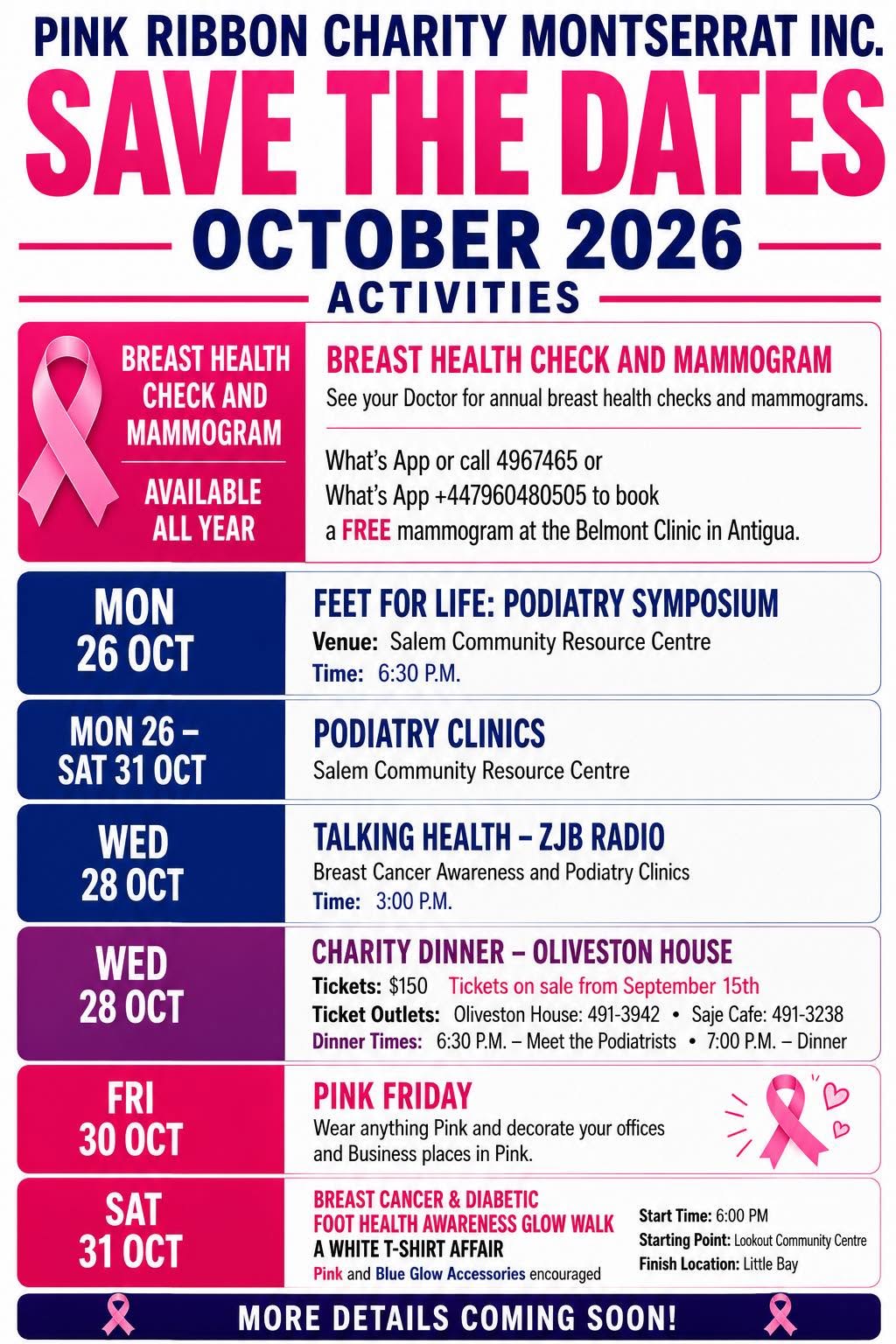 Pink Ribbon Charity Montserrat Announces October 2026 Programme
