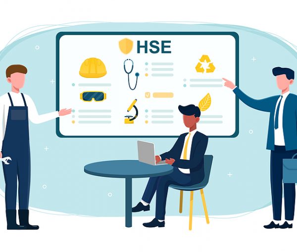 Environmental protection and health safety environment at work. HSE concept. Multiracial male characters and infographics for work. Flat cartoon vector illustration